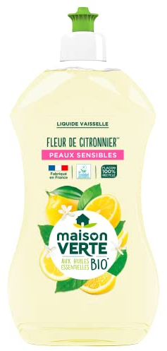 Maison Verte - Liquide Vaisselle - Peaux Sensibles - Fleur de Citronnier - aux Huiles Essentielles - Recyclable - 500ml - Ecolabel - Fabriqué en France