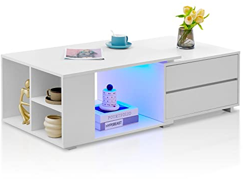 TUKAILAI Weißer Ausziehbarer Couchtisch mit LED-Lichtern, Couchtisch mit Stauraum, 4 Schubladen, großes Aufbewahrungsregal Holzsofa, Moderner Holztisch, Wohnzimmer Kaffeetisch