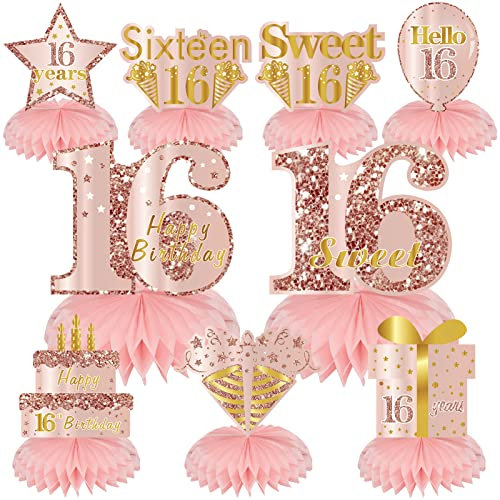 Turypaty Sweet 16 Birthday Honeycomb Centerpieces Decorations for Girls, 9Pcs Pink Rose Gold 16th Birthday Table Centerpieces Party Supplies, Sixteen Year Old Birthday Table Toppers Decor
