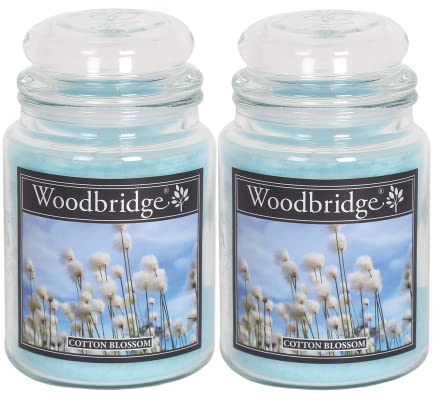 Woodbridge Große Duftkerze im Glas mit Deckel | 2er Duftkerzen Set Cotton Blossom | Duftkerze Frisch | Kerzen lange Brenndauer | Raumduft für Zuhause | Kerze 2 Docht