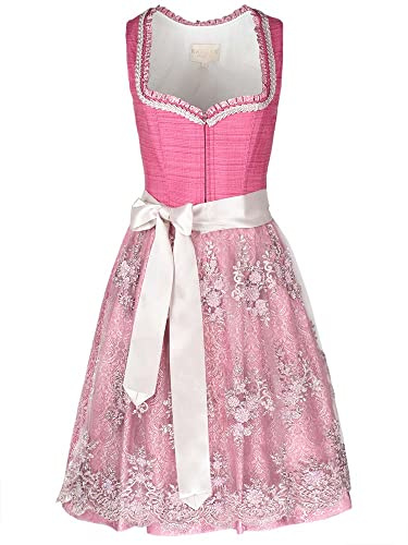 Krüger Dirndl Pati Damen pink | Leinen-Optik Spitze elegant |Knielang 60cm Länge
