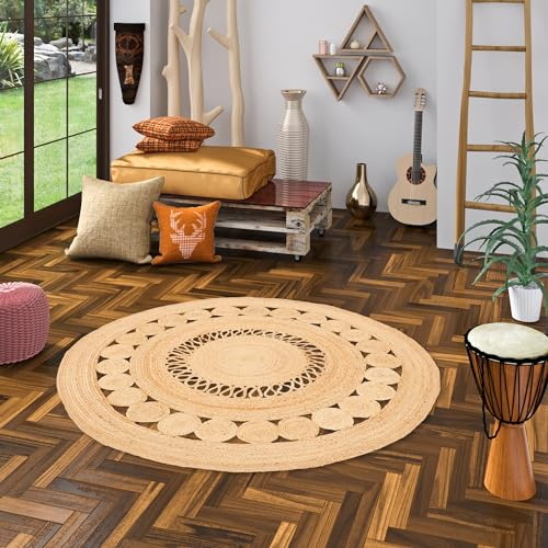 Pergamon Natur Teppich Handgefertigt Jute Rund Wohnzimmer Boho mit Bordüre oder Ethno Style