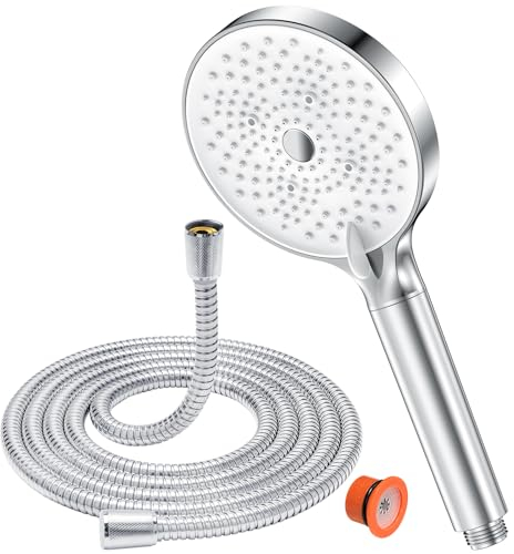 YEAUPE - Alcachofa de ducha con manguera (1,6 M-YEAUPE para ahorro de agua, cabezal de ducha con filtro, 6 tipos de chorro, gran diámetro de 130 mm), cromado/blanco