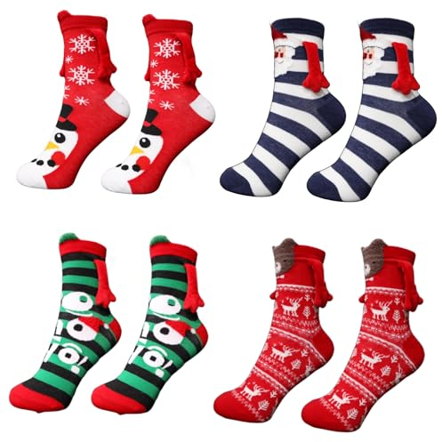 Alihoo Magnetische Socken, 4 Paar Weihnachtssocken Bunte Lustige Socken, Unisex Lustige Paare Halten Hände Socken für Paar,Pärchensocken,Freundschaftssocken