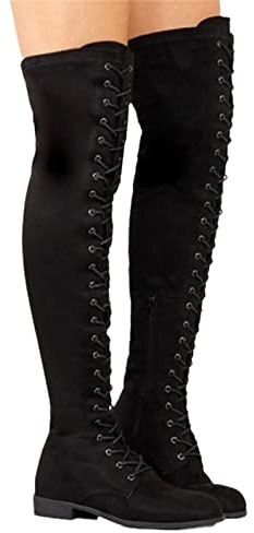 Stivali sopra il ginocchio da donna Stivali punk gotici neri invernali Stivali alti al ginocchio elasticizzati Stivali lunghi piatti Scarpe basse stringate vintage Stivali alti Stivali