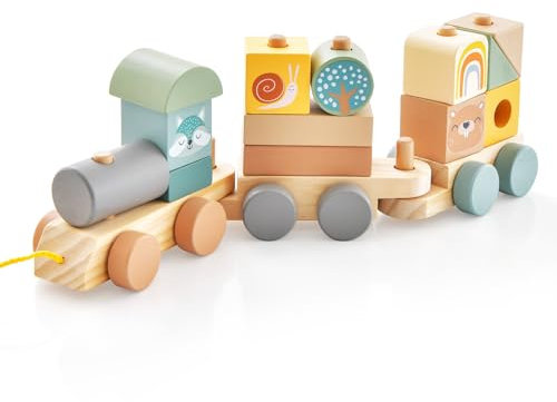 COSTWAY 3 teiliges Holz Eisenbahn Set, Kinder Holzzug stapelbar mit Bausteinen & bunten Tierfiguren, Bausteinzug Lokomotiven pädagogisch für Jungen & Mädchen ab 3 Jahren (Modell 3)