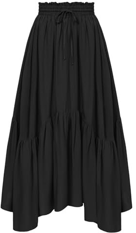 Damen Steampunk Rock A-Linie Hohe Taille mit Kordelzug Cottagecore Swing Midi Rock Schwarz XXL