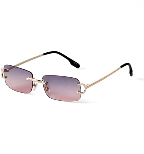 ADEWU Occhiali da sole retrò vintage occhiali senza bordi protezione UV stretti occhiali da sole rettangolari uomo donna unisex, Gradiente oro-grigio-rosa