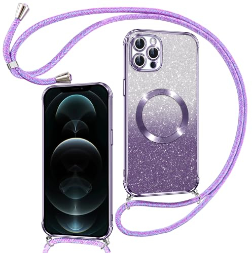 Phoona Handyband Hülle für iPhone 12 Pro mit Band [kompatibel mit MagSafe], Luxuriöse Glitzer Beschichtung Magnetische Handyhülle für iPhone 12 Pro Silikon TPU Stoßfest Schutzhülle, Lila