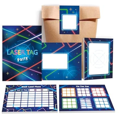 Limonia 6 Einladungskarten zum Kindergeburtstag Laser Tag Einladung Mädchen Kinder Jungs Jungen Boys Mitgebsel inkl. 6 Umschläge, 6 Tüten, 6 Aufkleber, 6 Blöcke, 6 Stadt-Land-Fluss, 6 Tic Tac Toe