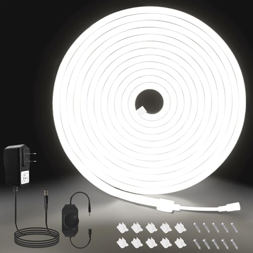 MMEEVT Neon Led Strip - 5M Led Strip Weißweiss,12V Dimmbar Wasserdicht 6000K Neon LED Streifen, DIY Flexibler Neon LED Lichtband für Heim Küche Deko(with Netzadapter)