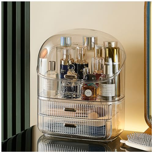 Transparent Makeup Organiser, Dustproof Cosmetic Storage Box with Lid and Drawers, Skincare Organiser Beauty Caddy for Dressing Table Bedroom Bathroom (Clear Brown)