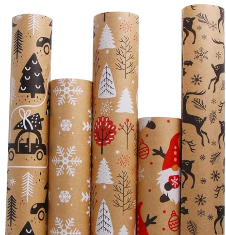 SULOLI Weihnachten Geschenkpapier 5 Rollen Set Recyclingpapier Weihnachtsgeschenkpapier Geschenkverpackung Papier für Weihnachten Neujahr Geschenkverpackung(43cmX3m)