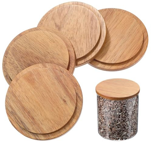 VILLCASE 4 Stück Bambus-Holzdeckel 9 Cm Runde Aufbewahrungsdeckel Wiederverwendbarer Holzverschlussdeckel Kleiner Becherdeckel Ersatzbecherdeckel Für Glasbecher Bambus-Deckel