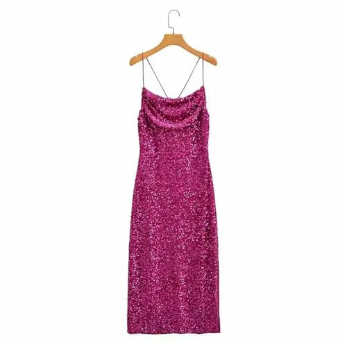 Moda ed Eleganza per Le Nuove Donne Primaverili, Cinturino Versatile, Decorato con Paillettes, Abito Diviso-Fucsia-L