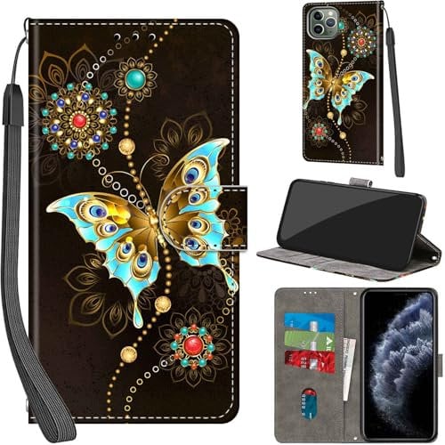 Haninsuze for iPhone 11 Pro Max 6.5-Inch Case PU Leather Wallet Book Flip Folio Stand View Magnetic Multi-Pattern Cover compatible with iPhone 11 Pro Max Phone Case (Green Butterfly)