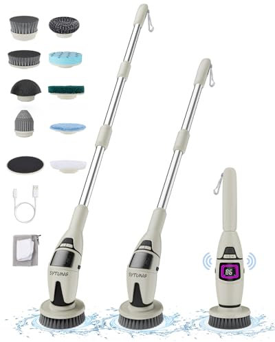 SYTUNG Brosse Nettoyage Electrique, Brosse Electrique Nettoyage avec ÉClairage Ambiant et Annonce Vocale, Tête de Brosse Rotative, 3 RéGlages de Vitesse, Poignée Allongée RéGlable, Éclairage LED