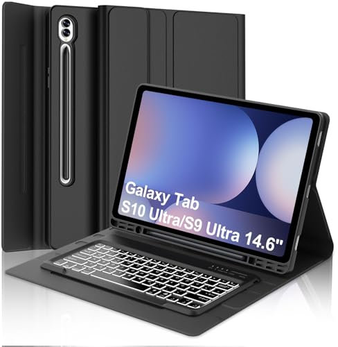 WAVATA Tastatur für Samsung Tab S10 Ultra 2024/S9 Ultra/S8 Ultra 14.6 mit Beleuchtete, Hülle mit Tastatur für Galaxy Tab S9 Ultra Magnetische Abnehmbar QWERTZ Layout, Schwarz