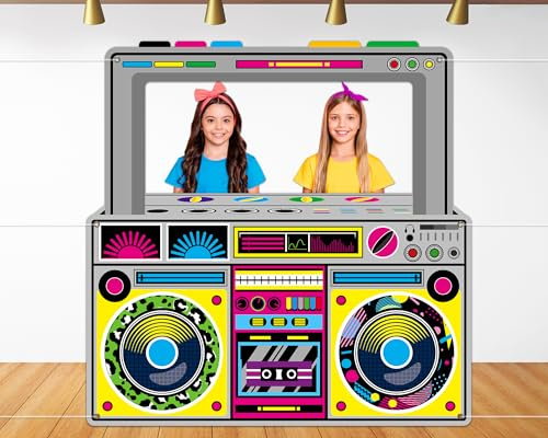 Radio Boombox Photo Booth Requisiten für 90er 80er Jahre Party Dekorationen 150 x 150 cm, Retro Stoff Radio Boombox Selfie Hintergrund Hängendes Banner für Hip Hop Musik Thema Geburtstag Dekorationen