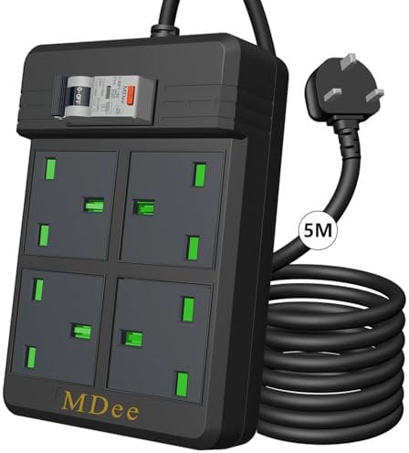 【MDee】RCD Extension Lead 4 in 1 Extension Power Strip 13A/3250W GFCI Surge Protected Extension Socket,5m/16.4ft Heavy Duty Extension Lead with Leakage Protection For Home Workshop Garage,Black