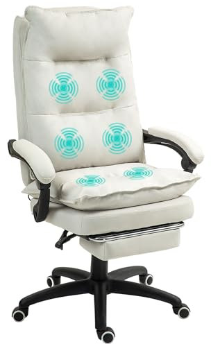 Vinsetto Bürostuhl mit Massagefunktion Ergonomischer Chefsessel mit Liegefunktion, Fußstütze Höhenverstellbar 360° Drehbar Computerstuhl, Leinenoptik, Cremeweiß