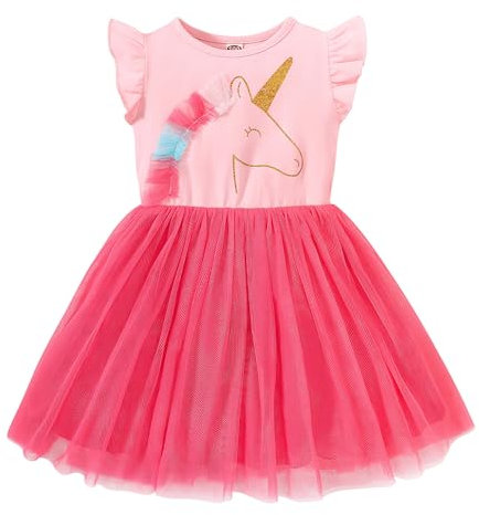 JiAmy Robes pour filles à volants et manches courtes imprimé licorne en coton avec tutu en tulle pour fête d'anniversaire pour enfants de 3 à 8 ans, rose, 3-4 ans