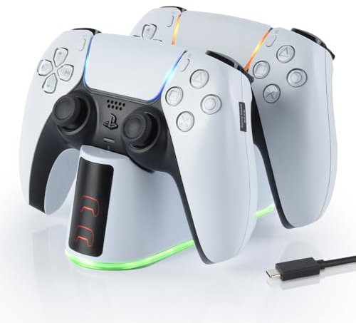 ELUTENG Caricatore Joystick PS5, Base di Ricarica per Playstation 5 Controller con Cavo USB-C e Indicatore LED, Accessori PS5 Dock di Ricarica per Controller DualSense for Playstation 5, Bianco