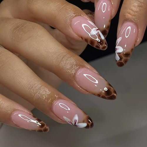 24-Pack of French Lace False Nails - Medium Mandarin Press Ons with White Flower & Leopard Patterns - Stylish Cheetah Nail Designs Included