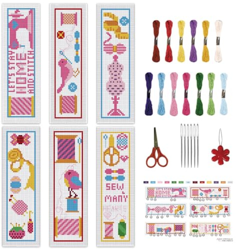 INFUNLY 6 PCS DIY Nähelemente Kreuzstich Lesezeichen Set Nähwerkzeuge Gestempeltes Stick Lesezeichen Set Mit Anleitung Baumwollfaden Nadelspitze Lesezeichen-Sets Für Buchliebhaber