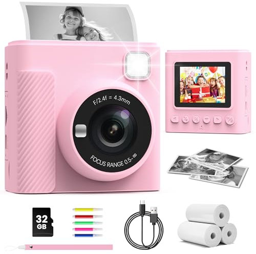 TIATUA Appareil Photo Instantané Enfants, 1080P Appareil Photo Numérique Enfant & Caméra Vidéo avec Carte de 32GB & Rouleaux de Papier d'impression, Cadeaux pour Garçons & Filles de 3 à 12 Ans