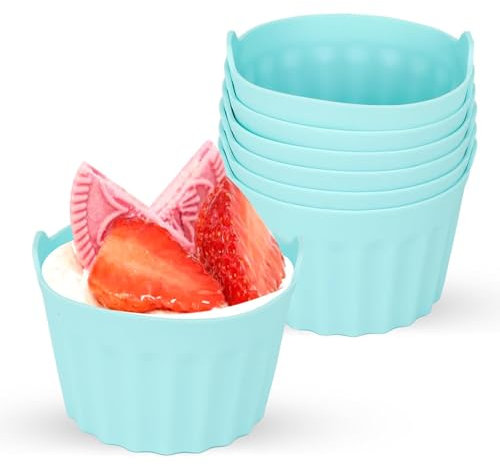 AUTUUCKEE 6 Pcs Silicone Ramekins for Air Fryer, Oven & Microwave, Blue, Reusable, Everyday Baking, Non-stick, Heat-resistant, Food-safe, Round, 8 x 5 cm/3.15 x 7.97 in