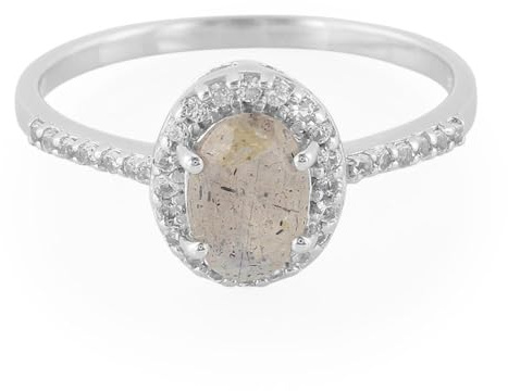 Cavill Labradorit Ring Silber – Damenring mit ovalem Labradorit 0,64 ct aus Madagaskar, funkelnde weiße Topase, 925 Sterling Silber, eleganter Halo-Stil