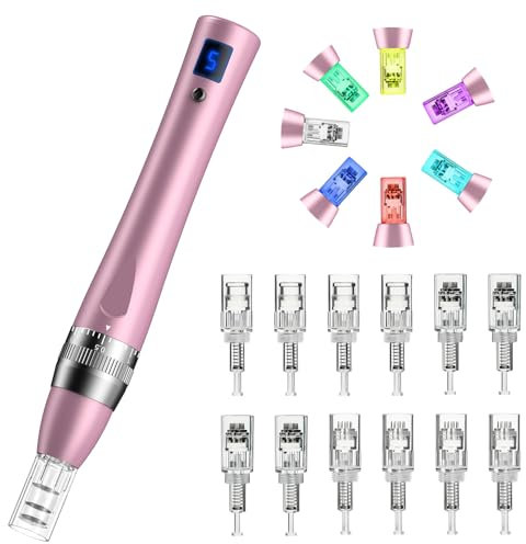Robofun Stylo Beauté Microneedling avec 7 Lumières, Électrique Microneedling avec 12 Cartouches & 5 Vitesses pour Soin Visage & Corps, Conception Sans Fil et Rechargeable