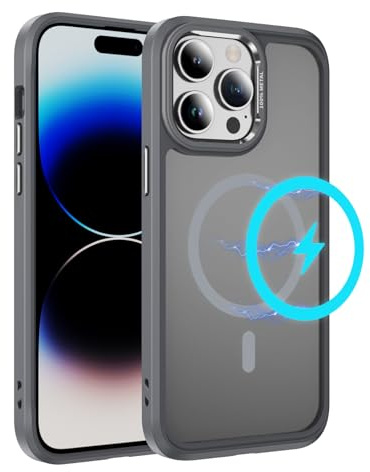 LCHULLE Cover Magnetica per iPhone 14 Pro Max Traslucida Opaca,Grigio | Compatibile con MagSafe,Semi-trasparente Opaca Sottile Custodia, Protettiva PC Back + TPU Bumper,Protezione Antiurto Cover