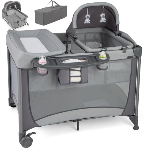 Maxmass 5 in 1 Baby Travel Cot, Foldable Infant Crib with Mattress, Diaper Changer, Storage Pockets, Hanging Toys, Lockable Wheels & Carry Bag, Portable Bedside Sleeper for Newborn (Grey)