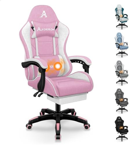 ALFORDSON Silla Gaming de Masaje, Silla de Oficina con reposapiés, Silla Gaming de Carreras, Capacidad de 180 kg, Respaldo Ajustable de 90-150°, Silla ergonómica para PC, Tela, Blanco y Rosa
