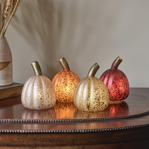 Lights4fun Set mit 4 Miniatur-Glaskürbissen mit warmweißen LEDs – Herbstdeko mit matter Mercury-Oberfläche, Juwelenton-Glanz & 3x LR44 Batterien inklusive – für stilvolle Innenräume