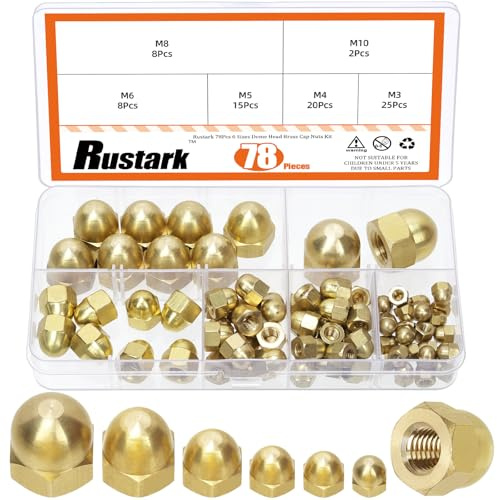 Rustark 78Pcs 6 Sizes Acorn Nuts Assortment Kit Metric Hex Acorn Cap Nuts Brass Hex Nut Crown Cap Nut Dome Head Bolt Cover Caps for Furniture Automotive Indoor Outdoor
