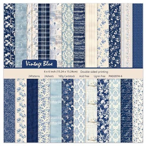 Carta Scrapbooking 24 Fogli Scrapbook Paper Entrambi i Lati 15×15 cm Vintage Blu Carta per Decoupage Decorativa per Diario, Album, Fotografici, Fai Da Te