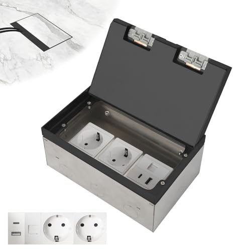 Bodentank Bodensteckdose, Edelstahl Bodeneinbau Steckdosenkasten, Wasserdichte Einbausteckdose mit 2/3 AC USB Typ-C RJ45, Versenkte Steckdose Innen für Küche, Wohnzimmer, Büro, Hotels (Schwarz, 2AC)