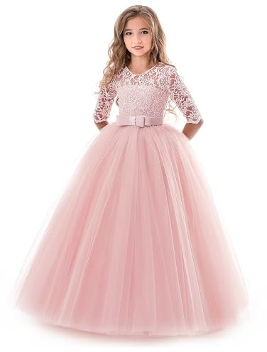 NNJXD Vestito Cerimonia Nuziale Principessa Vestito Promenade Ricamo Spettacolo Ragazze Taglia(140) 8-9 Anni 378 Rosa-A