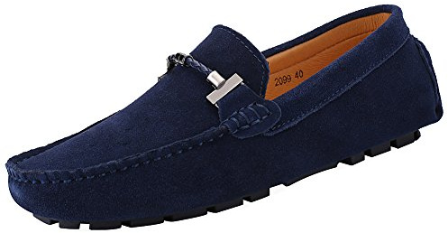 Jamron Mens Elegant Buckle Loafers Comfort Suede Driving Shoes Stylish Moccasin Slippers, Blue, Jamron Sn19020