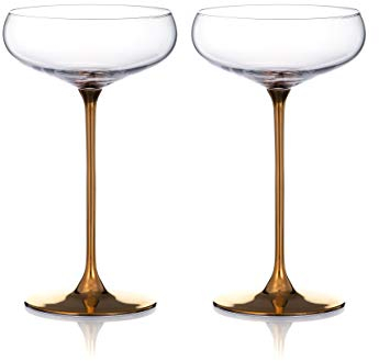 DIAMANTE Champagne, Cocktail or Prosecco Coupes/Saucer Glasses Pair 'Elegance' with Gold Stem
