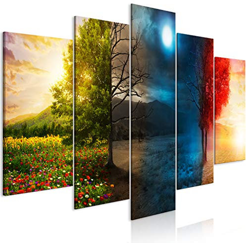 B&D XXL - Wandbilder XXL Baum 200x100cm 5 tlg - Wand Deko Leinwand Bilder Groß Wanddeko Wohnzimmer Schlafzimmer Kunstdrucke - vier Jahreszeiten Natur Landschaft c-C-0419-b-m