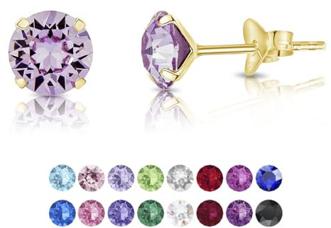 DTPsilver - Boucles d'oreilles/Clous en Argent Fin 925 Plaqué Or Jaune et Cristaux de Swarovski® Elements Ronds - Diamètre: 6 mm - Couleur: Violet