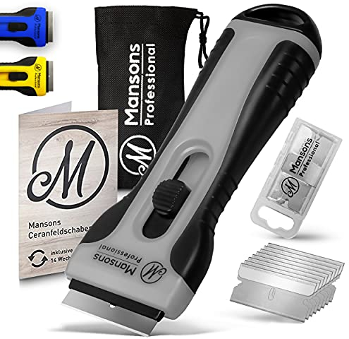 Mansons Glasschaber mit 15 Klingen für Herdkratzer, Profi Schaber mit Soft-Touch-Griff für Induktionskochfeld & Glaskeramik, Kochfeldschaber für Kochfeld und Backofen, Set