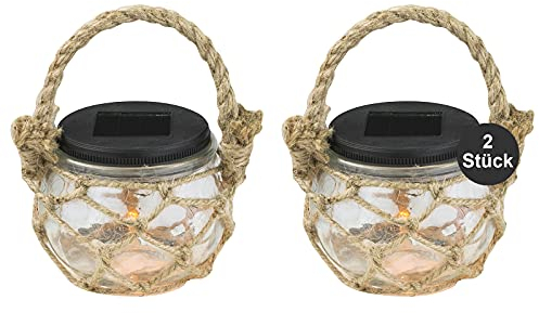 bmf-versand® Solarlampen für Außen Deko Tisch mit LED 2er Set - Gartendeko Solar Hängend - Solarleuchten Garten Klar - Außenlampe Stehend Glas Netz Seil Rund - 10 x 17 cm