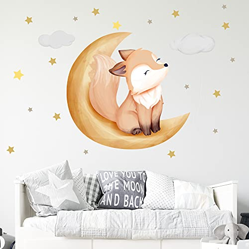 WANDKIND Fuchs auf dem Mond Wandtattoo V254 | handgezeichnet | AUFKLEBER Kindergarten | Wandsticker Kinderzimmer mit Wolken und Sterne Wolke Sleepy Eyes (40 x 40 cm)