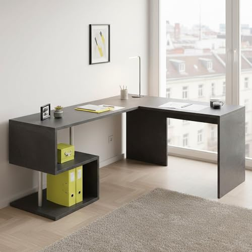 Dmora - Scrivania Sasha, Scrittoio angolare porta PC, Tavolo multiuso per ufficio, Scrivania salvaspazio multiposizione, 100% Made in Italy, cm 160x60h78, Ardesia