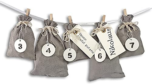 Frau WUNDERVoll® Stoff Adventskalender zum Befüllen Schneeflöckchen Baumwollbeutel grau, Ziffern weiß/Weihnachtskalender Beutel Sack Säckchen Stoffbeutel Baumwolle Geschenkbeutel